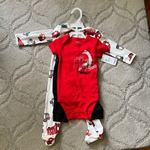 Carters three piece set fire truck car firefighter onesie pants footie nwt 6-9m